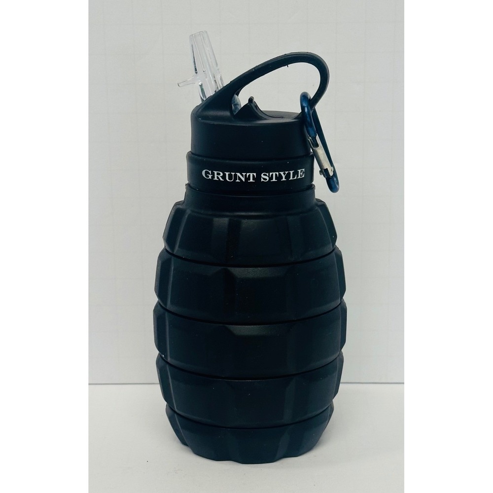 Grunt Style Black Collapsible 20oz Silicone Grenade Water Bottle with Straw